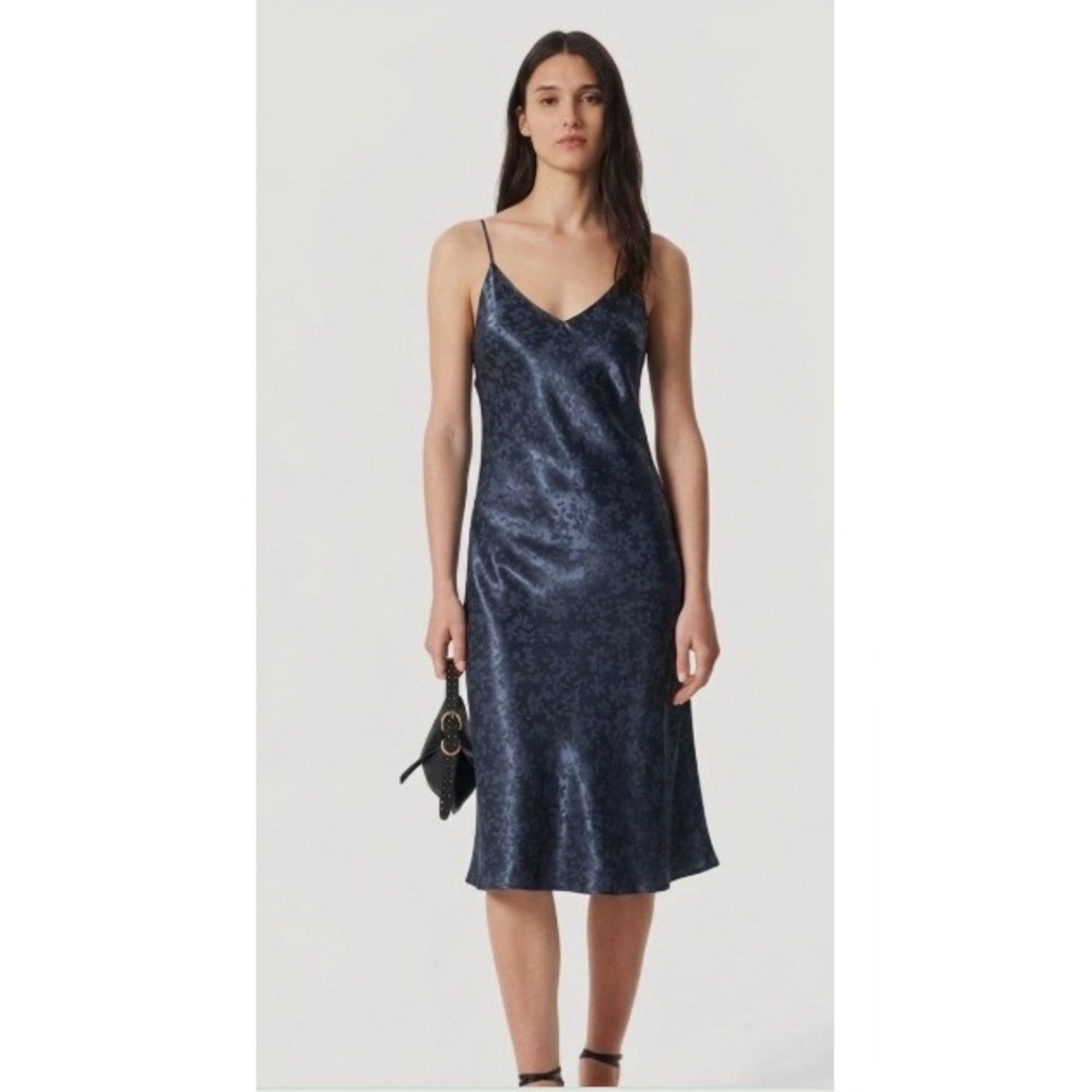 Rag & Bone Floral Jacquard Slip Midi Dress Women 0 Navy Blue V-Neck Evening Chic